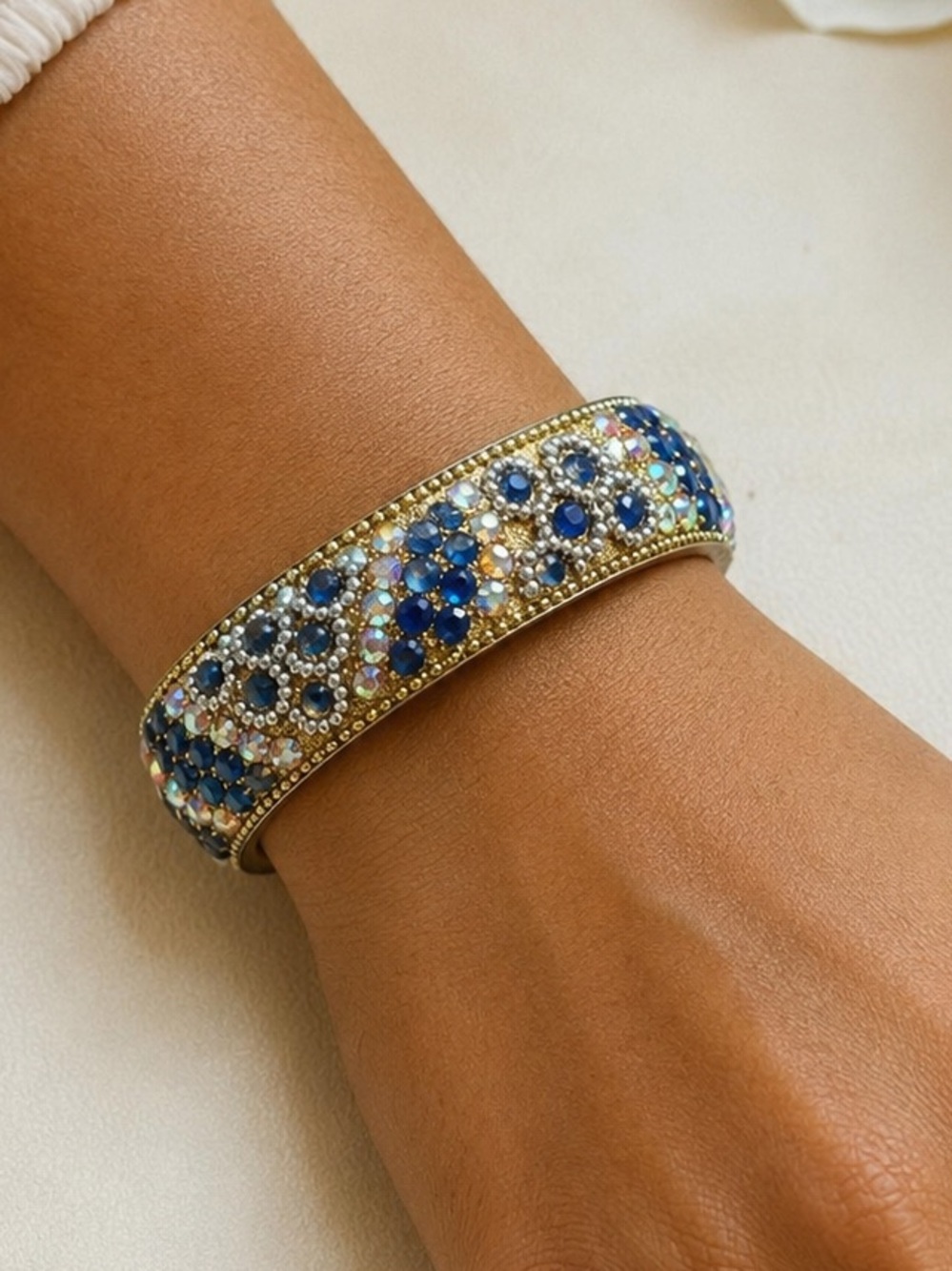 Vintage Blue Rhinestone Crystal Embellished Wide Bangle Bracelet